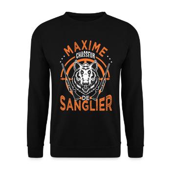 Maxime chasseur de sanglier Cadeau Humour Chasse - Sweat-shirt Unisexe - noir - Devant - Alina (178cm) & Michal (187cm)