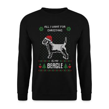 Alles, was ich will, ist ein hässliches Weihnachtspullover-Oberteil von Beagle - Unisex Pullover - Schwarz - Vorne - Alina (178cm) & Michal (187cm)