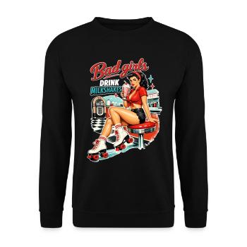 Bad Girls Drink Milkshakes – 50s Diner Pin-Up - Unisex Pullover - Schwarz - Vorne - Alina (178cm) & Michal (187cm)