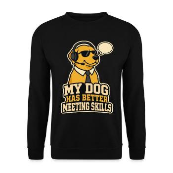 Hund mit Headset – lustiger Meeting Spruch - Unisex Pullover - Schwarz - Vorne - Alina (178cm) & Michal (187cm)