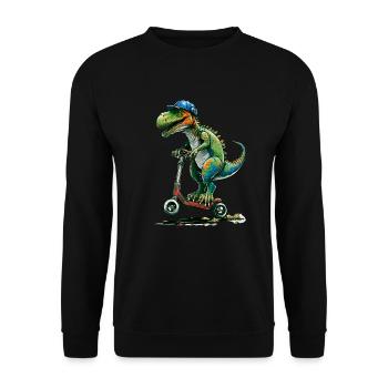 Dinosaurier auf Stuntscooter - Unisex Pullover - Schwarz - Vorne - Alina (178cm) & Michal (187cm)