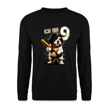 Kinder Geburtstag 9 Jahre - Baseball und Hunde - Unisex Pullover - Schwarz - Vorne - Alina (178cm) & Michal (187cm)