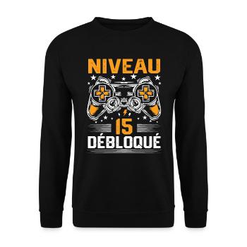 Niveau 15 débloqué / Anniversaire 15 ans gamer - Sweat-shirt Unisexe - noir - Devant - Alina (178cm) & Michal (187cm)