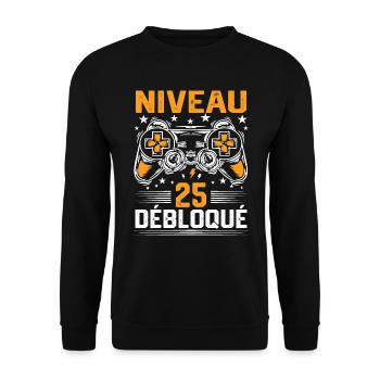 Niveau 25 débloqué / Anniversaire 25 ans gamer - Sweat-shirt Unisexe - noir - Devant - Alina (178cm) & Michal (187cm)