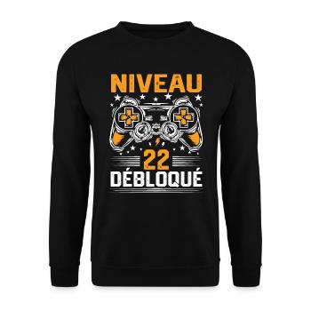 Niveau 22 débloqué / Anniversaire 22 ans gamer - Sweat-shirt Unisexe - noir - Devant - Alina (178cm) & Michal (187cm)