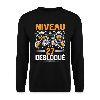 Niveau 27 débloqué / Anniversaire 27 ans gamer - Sweat-shirt Unisexe - noir - Devant - Alina (178cm) & Michal (187cm)