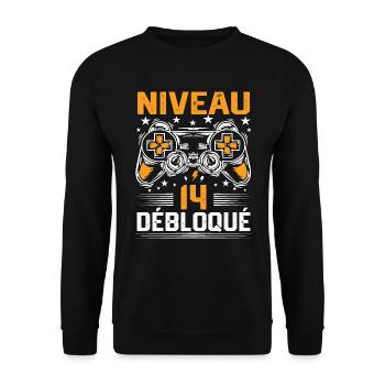 Niveau 14 débloqué / Anniversaire 14 ans gamer - Sweat-shirt Unisexe - noir - Devant - Alina (178cm) & Michal (187cm)