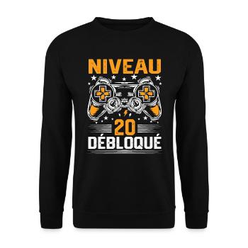 Niveau 20 débloqué / Anniversaire 20 ans gamer - Sweat-shirt Unisexe - noir - Devant - Alina (178cm) & Michal (187cm)