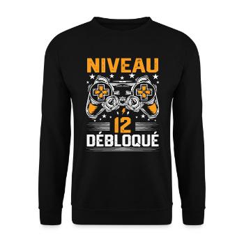 Niveau 12 débloqué / Anniversaire 12 ans gamer - Sweat-shirt Unisexe - noir - Devant - Alina (178cm) & Michal (187cm)