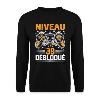 Niveau 39 débloqué / Anniversaire 39 ans gamer - Sweat-shirt Unisexe - noir - Devant - Alina (178cm) & Michal (187cm)