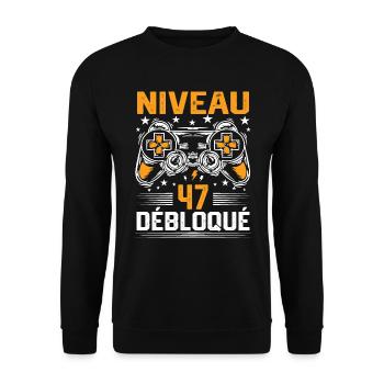 Niveau 47 débloqué / Anniversaire 47 ans gamer - Sweat-shirt Unisexe - noir - Devant - Alina (178cm) & Michal (187cm)
