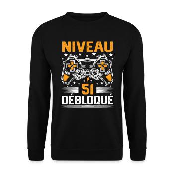 Niveau 51 débloqué / Anniversaire 51 ans gamer - Sweat-shirt Unisexe - noir - Devant - Alina (178cm) & Michal (187cm)
