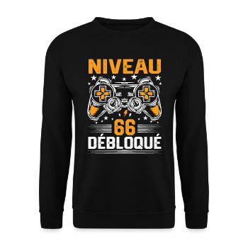 Niveau 66 débloqué / Anniversaire 66 ans gamer - Sweat-shirt Unisexe - noir - Devant - Alina (178cm) & Michal (187cm)