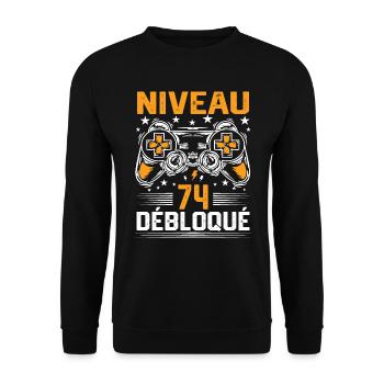 Niveau 74 débloqué / Anniversaire 74 ans gamer - Sweat-shirt Unisexe - noir - Devant - Alina (178cm) & Michal (187cm)