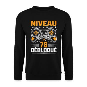 Niveau 76 débloqué / Anniversaire 76 ans gamer - Sweat-shirt Unisexe - noir - Devant - Alina (178cm) & Michal (187cm)