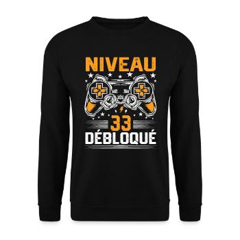 Niveau 33 débloqué / Anniversaire 33 ans gamer - Sweat-shirt Unisexe - noir - Devant - Alina (178cm) & Michal (187cm)