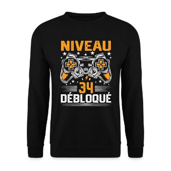 Niveau 34 débloqué / Anniversaire 34 ans gamer - Sweat-shirt Unisexe - noir - Devant - Alina (178cm) & Michal (187cm)