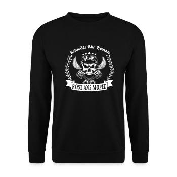 Schwätz mir keinen Rost ans Moped Mofa Geschenk - Unisex Pullover - Schwarz - Vorne - Alina (178cm) & Michal (187cm)