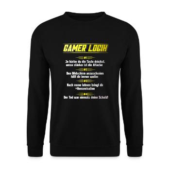 Gamer Logik Lustiger Gaming Spruch für Zocker - Unisex Pullover - Schwarz - Vorne - Alina (178cm) & Michal (187cm)