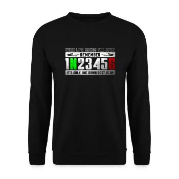 1N23456 Motorradschaltung Motorrad Biker Geschenk - Unisex Pullover - Schwarz - Vorne - Alina (178cm) & Michal (187cm)
