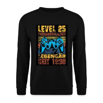 LEVEL 25, 25. Geburtstag, Legendär seit 2018 - Unisex Pullover - Schwarz - Vorne - Alina (178cm) & Michal (187cm)
