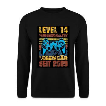 LEVEL 14, 14. Geburtstag, Legendär seit 2009 - Unisex Pullover - Schwarz - Vorne - Alina (178cm) & Michal (187cm)