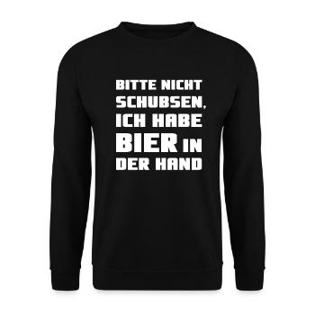 Bitte nicht Schubsen, ich habe Bier in der Hand - Unisex Pullover - Schwarz - Vorne - Alina (178cm) & Michal (187cm)