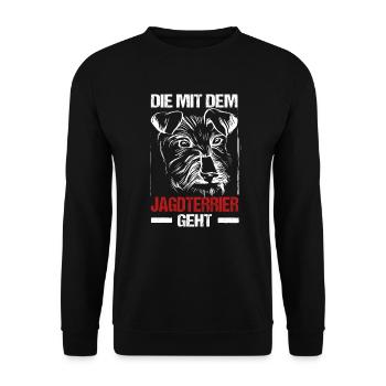 Die Mit Dem Jagdterrier Geht Hunde Frauchen Gassi - Unisex Pullover - Schwarz - Vorne - Alina (178cm) & Michal (187cm)
