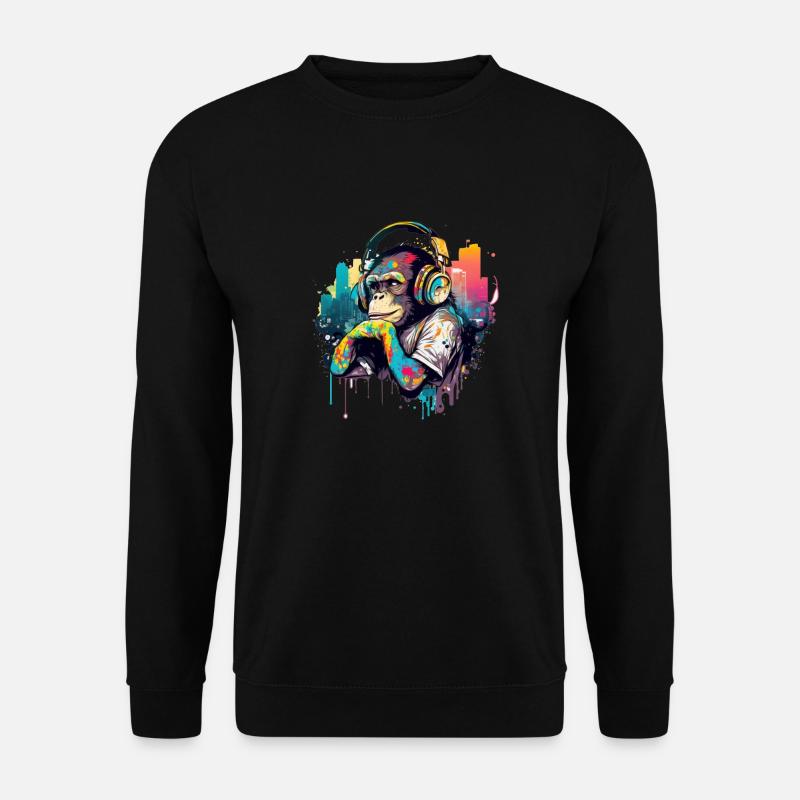 Schimpanse mit Kopfhörer farbig Affe DJ - Unisex Pullover - Schwarz