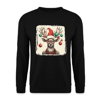Reindeer with Christmas baubles and hat - Unisex Sweatshirt - black - Front - Alina (178cm) & Michal (187cm)