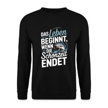 Das Leben beginnt, wenn die Schonzeit endet Angeln - Unisex Pullover - Schwarz - Vorne - Alina (178cm) & Michal (187cm)
