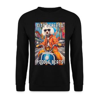 Caniche élégant conduisant un scooter dans la ville - Sweat-shirt Unisexe - noir - Devant - Alina (178cm) & Michal (187cm)