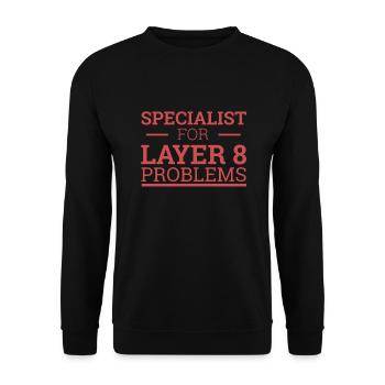 "Specialist for Layer 8" | Admin - Unisex Pullover - Schwarz - Vorne - Alina (178cm) & Michal (187cm)