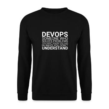 « Problème DevOps | Développement de logiciels » - Sweat-shirt Unisexe - noir - Devant - Alina (178cm) & Michal (187cm)