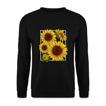 Botanische gelbe Sommer Sonnenblume - Unisex Pullover - Schwarz - Vorne - Alina (178cm) & Michal (187cm)