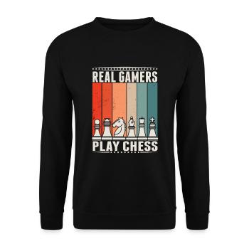 Retro Schach Gamer Brettspiel Schachfiguren - Unisex Pullover - Schwarz - Vorne - Alina (178cm) & Michal (187cm)