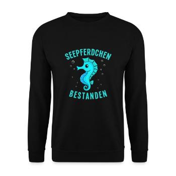 Frühschwimmer Seepferdchen bestanden Schwimmen - Unisex Pullover - Schwarz - Vorne - Alina (178cm) & Michal (187cm)
