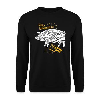 lecker Schweinchen lustiges Grill Shirt Geschenk - Unisex Pullover - Schwarz - Vorne - Alina (178cm) & Michal (187cm)