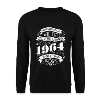 "Geburtstagshirt" Die Geburt einer Ikone Jahr 1964 - Unisex Pullover - Schwarz - Vorne - Alina (178cm) & Michal (187cm)
