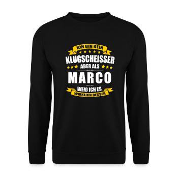 Name Marco Vorname Klugscheisser Namenstag - Unisex Pullover - Schwarz - Vorne - Alina (178cm) & Michal (187cm)