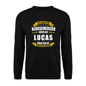 Name Lucas Vorname Klugscheisser Namenstag - Unisex Pullover - Schwarz - Vorne - Alina (178cm) & Michal (187cm)