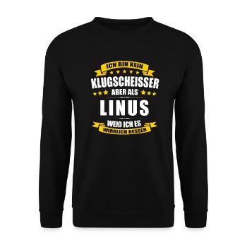 Name Linus Vorname Klugscheisser Namenstag - Unisex Pullover - Schwarz - Vorne - Alina (178cm) & Michal (187cm)