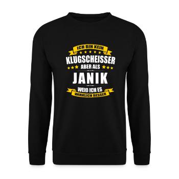 Name Janik Vorname Klugscheisser Namenstag - Unisex Pullover - Schwarz - Vorne - Alina (178cm) & Michal (187cm)