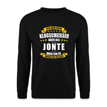 Name Jonte Vorname Klugscheisser Namenstag - Unisex Pullover - Schwarz - Vorne - Alina (178cm) & Michal (187cm)