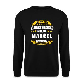 Name Marcel Vorname Klugscheisser Namenstag - Unisex Pullover - Schwarz - Vorne - Alina (178cm) & Michal (187cm)