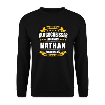 Name Nathan Vorname Klugscheisser Namenstag - Unisex Pullover - Schwarz - Vorne - Alina (178cm) & Michal (187cm)