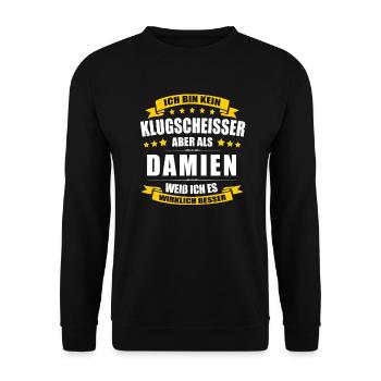 Name Damien Vorname Klugscheisser Namenstag - Unisex Pullover - Schwarz - Vorne - Alina (178cm) & Michal (187cm)