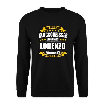 Name Lorenzo Vorname Klugscheisser Namenstag - Unisex Pullover - Schwarz - Vorne - Alina (178cm) & Michal (187cm)