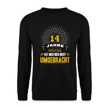 14 Jahre Ehe Hochzeitstag Mann Elfenbeinhochzeit - Unisex Pullover - Schwarz - Vorne - Alina (178cm) & Michal (187cm)