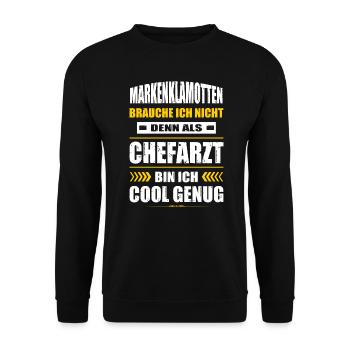 Markenklamotten Brauche Ich Nicht Chefarzt Arzt - Unisex Pullover - Schwarz - Vorne - Alina (178cm) & Michal (187cm)
